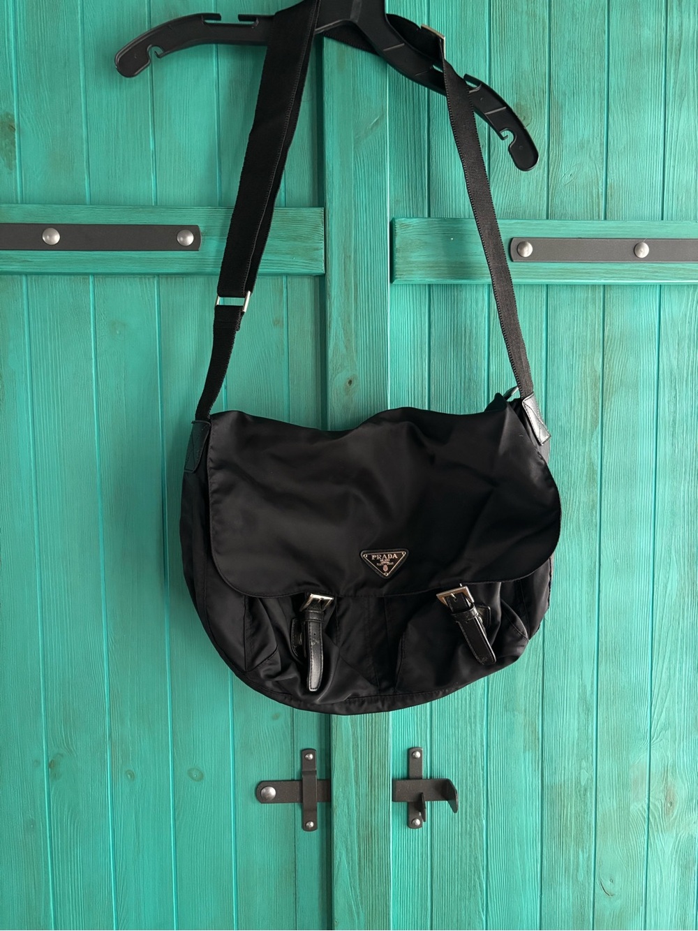 Black Nylon Messenger Bag with Signature Triangle Logo Prada Style